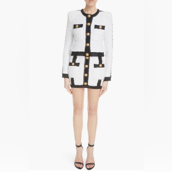 NWT $2990 Balmain Colorblocked Tweed Knit Jacket 12 US / 44 FR, GAB WHITE/ BLACK - Picture 2 of 7
